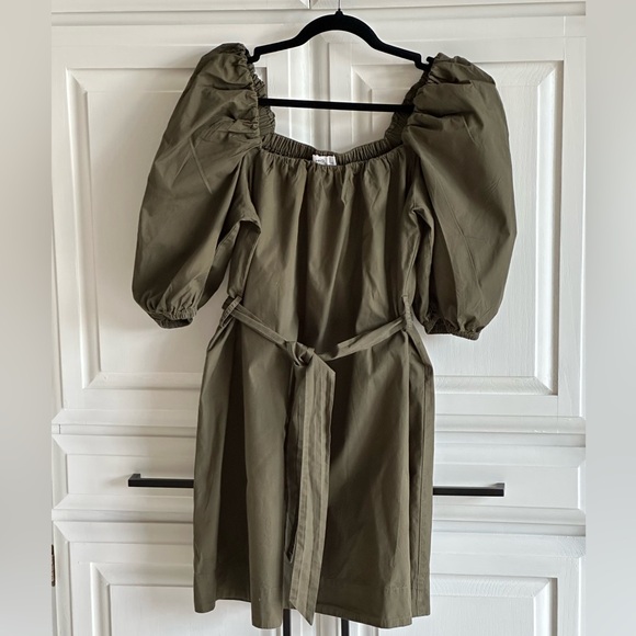 MANGO Khaki Cotton Poplin Off-Shoulder Dress with Puff Sleeves - Picture 5 of 11